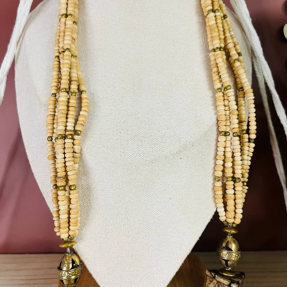 Vintage Bone and Brass Beaded Necklace Ethnic Tribal Statement 1970s Hippie Boho